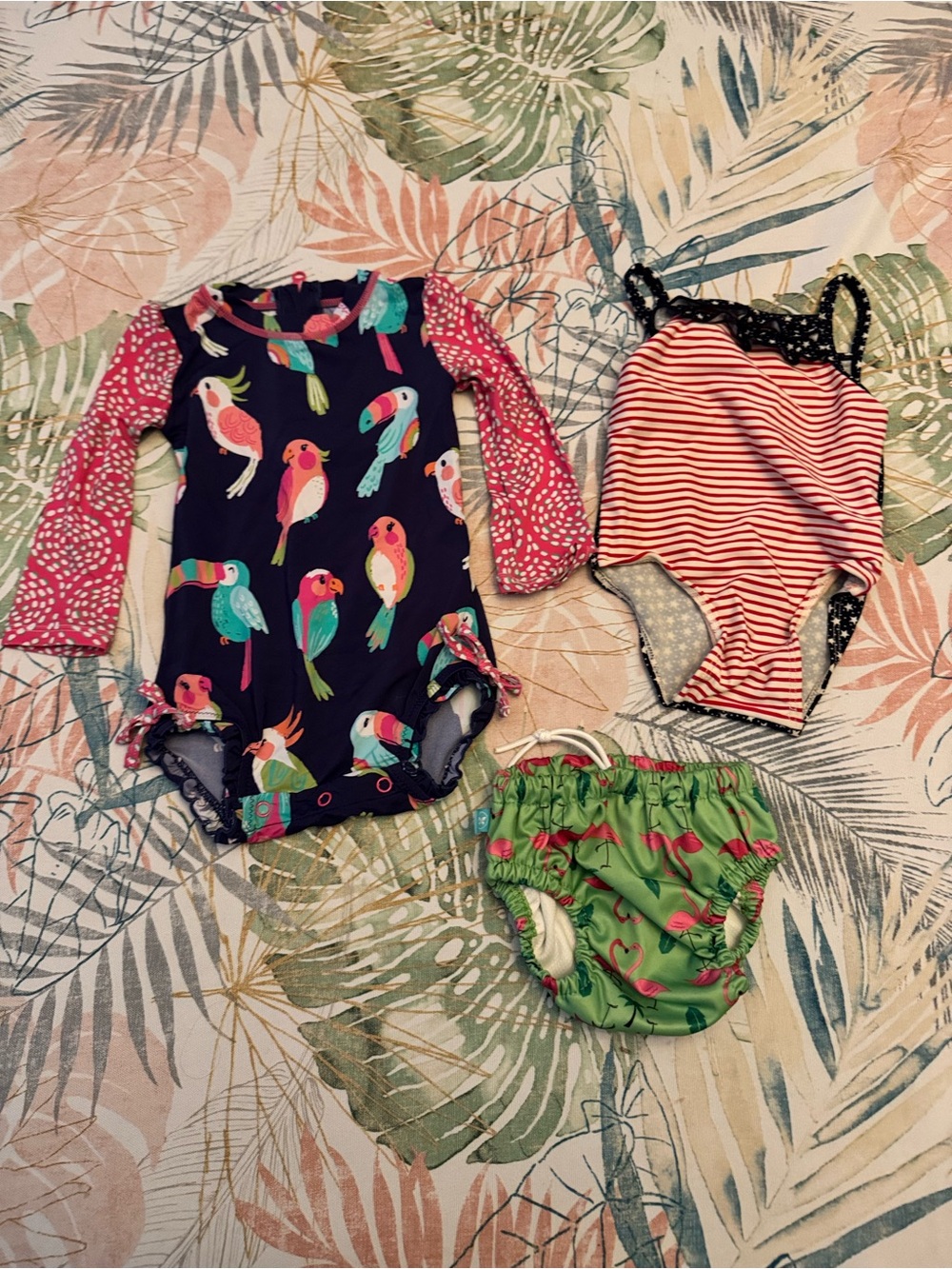 Baby girl Swimsuit Bundle - Navy Parrot Print, Red Stripe, Flamingo swim diaper